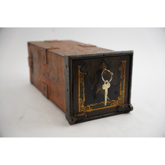 Antique Metal Lock Box with Key Safety Deposit Copper Rectangular Storage